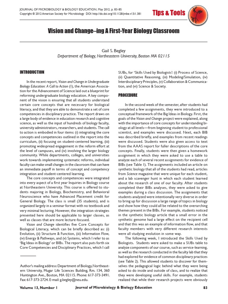 Begley 2012 Vision and Change Ing A First Year Biology Classroom | PDF ...
