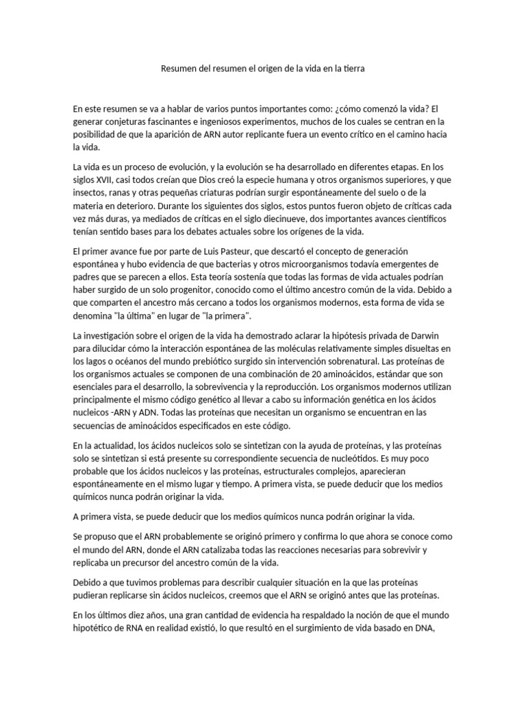 Resumen Del Resumen El Origen de La Vida en La Tierra | PDF | Rna ...