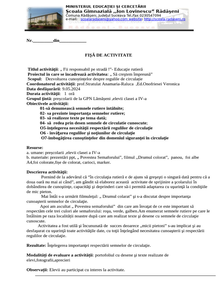 Fisa de Activitate Educatie Rutiera | PDF