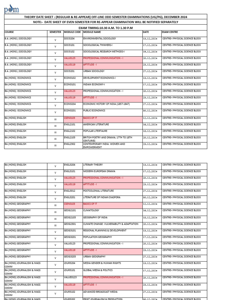 Humanities Exam Schedule December 2024 | PDF | Science | Psychology
