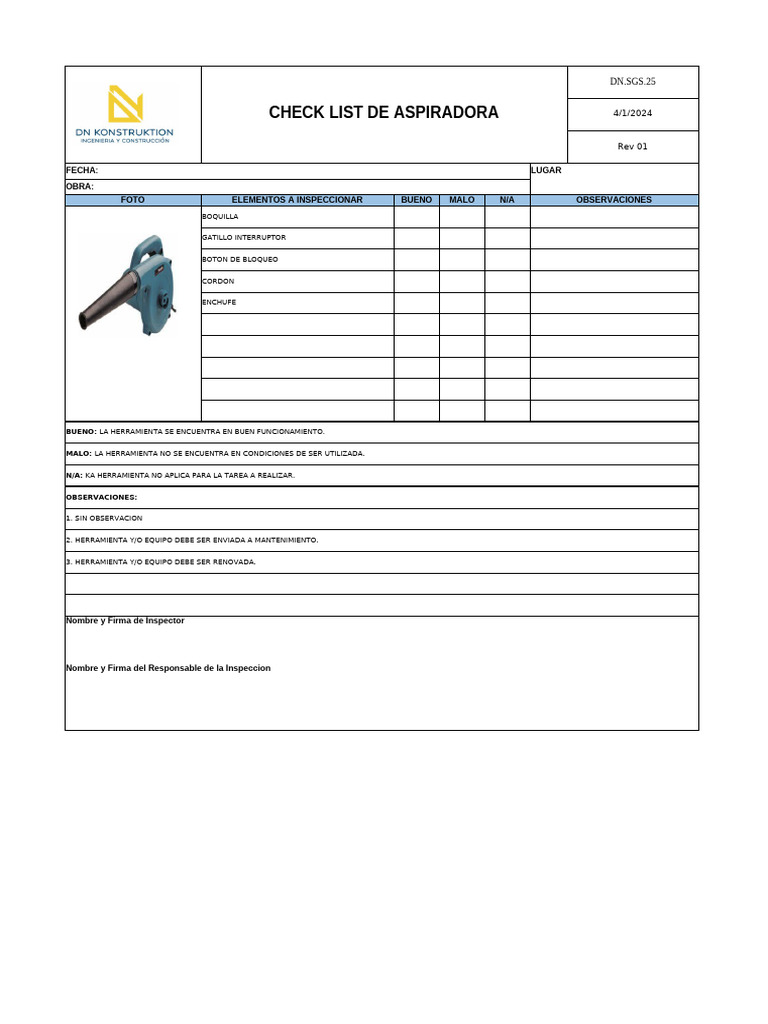 Check List de Aspiradora DN.SGS.25 | PDF