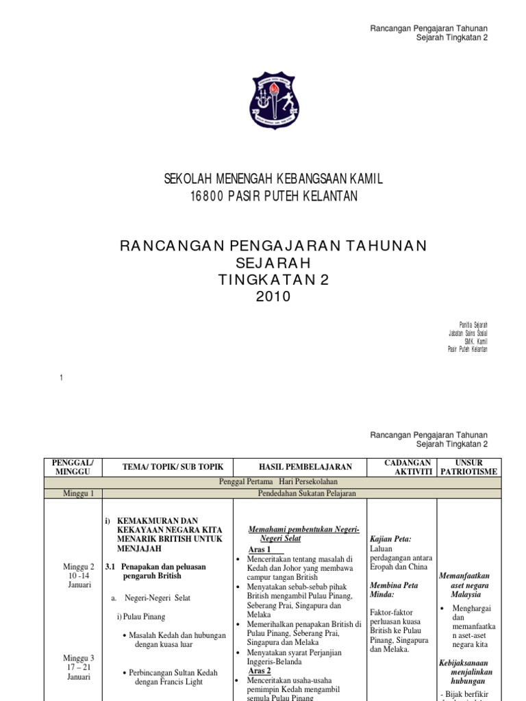 Rancangan Pengajaran Sejarah Tingkatan 2