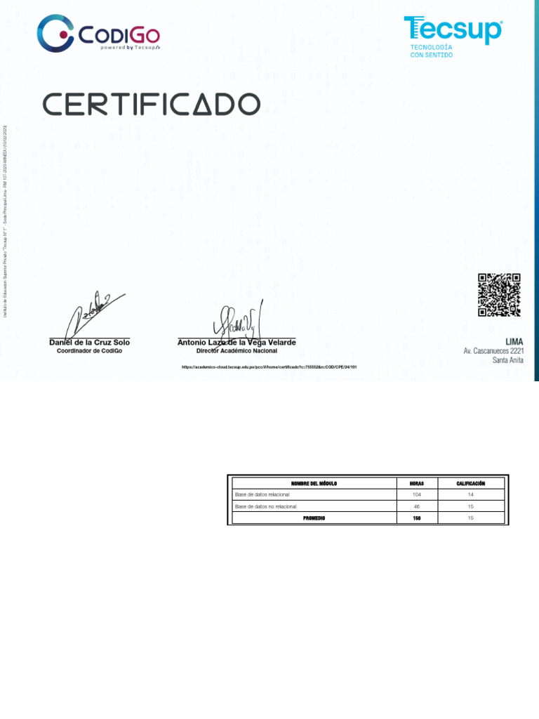 Certificado Bootcamp Database Tecsup | PDF