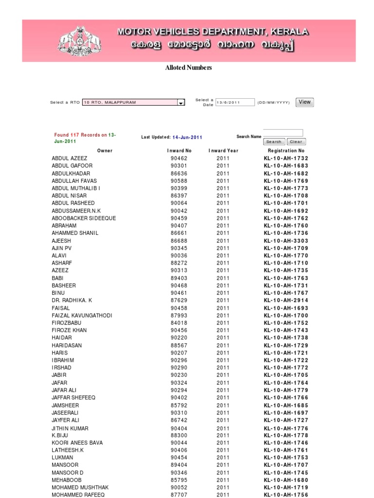 ._ Kerala Motor Vehicles Department _. ALLOTTED NUMBERS