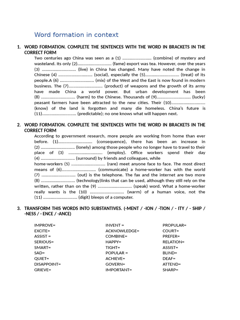 Word Formation Exercises and Transformations | PDF