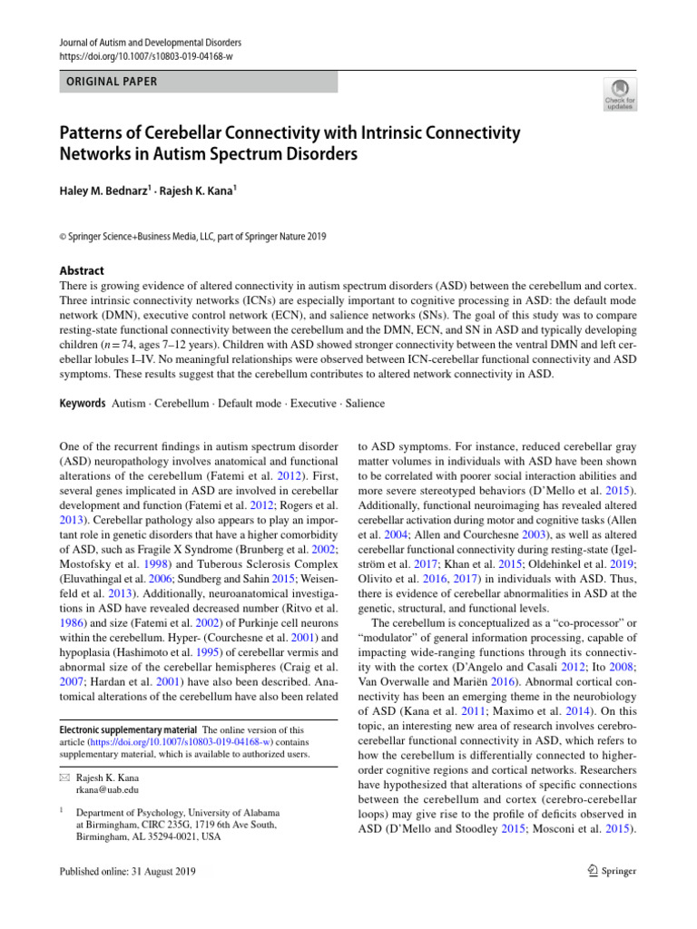 Cerebellar Connectivity in Autism Spectrum Disorders | PDF | Cerebellum ...