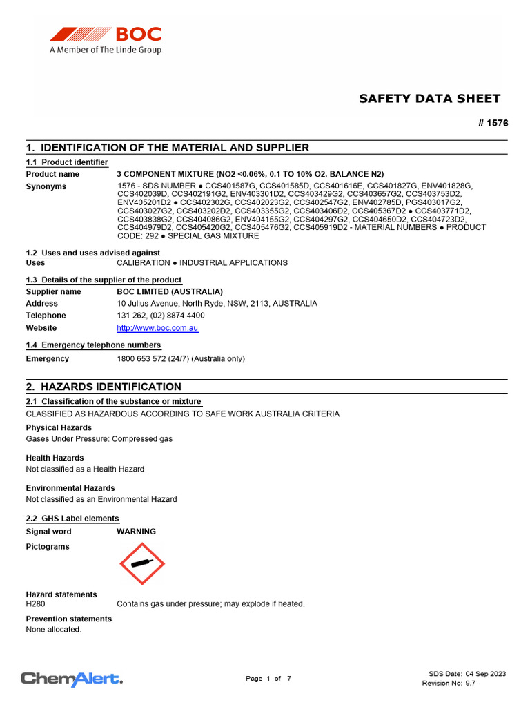 NOS Gas Mixture NO2 300 ppm, O2 1%, N2 Balance BOC SDS_Sept_2023 | PDF ...