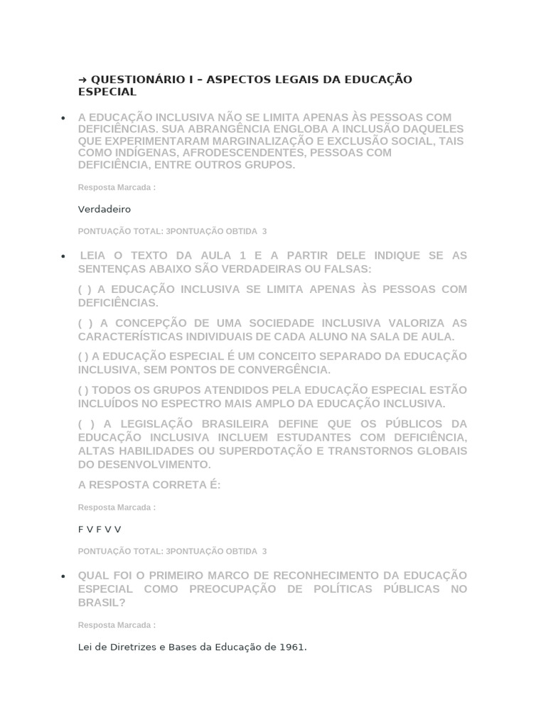 QUESTIONÁRIO I – ASPECTOS LEGAIS DA EDUCAÇÃO ESPECIAL | PDF | Inclusão ...