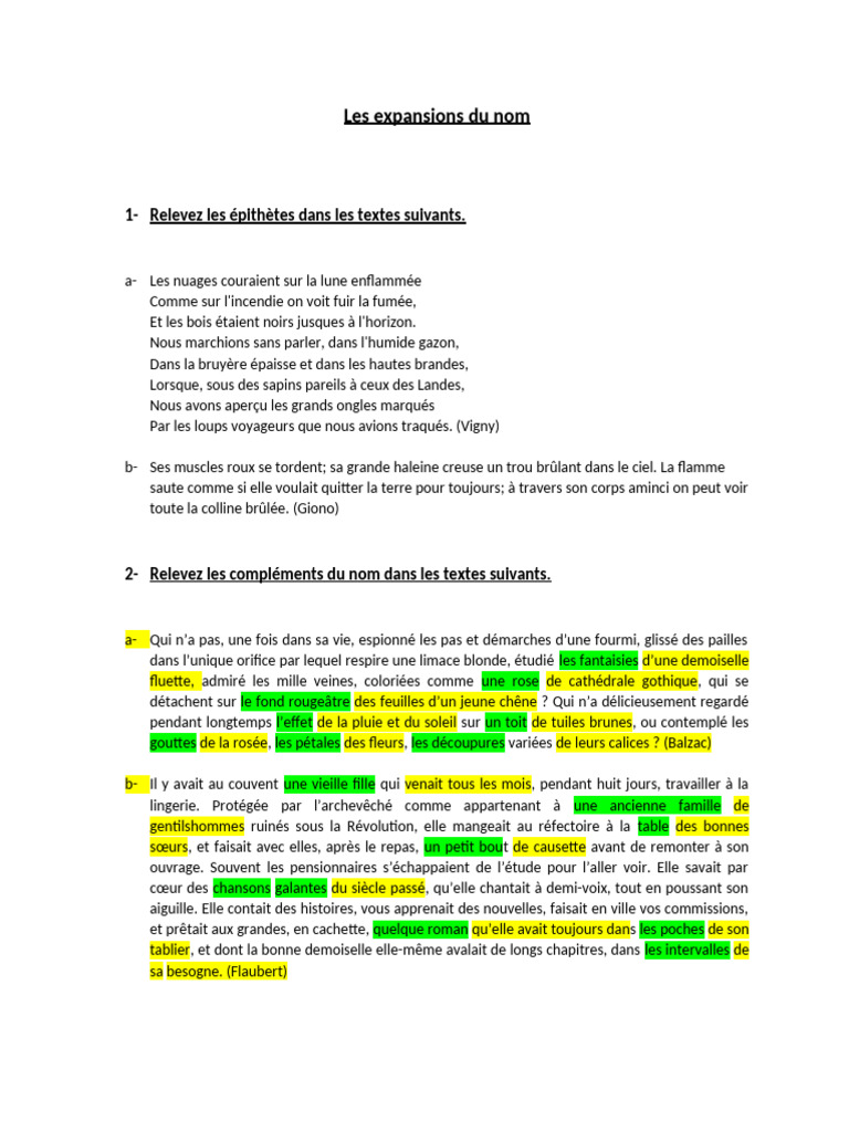 Expansions du nom : épithètes et compléments | PDF