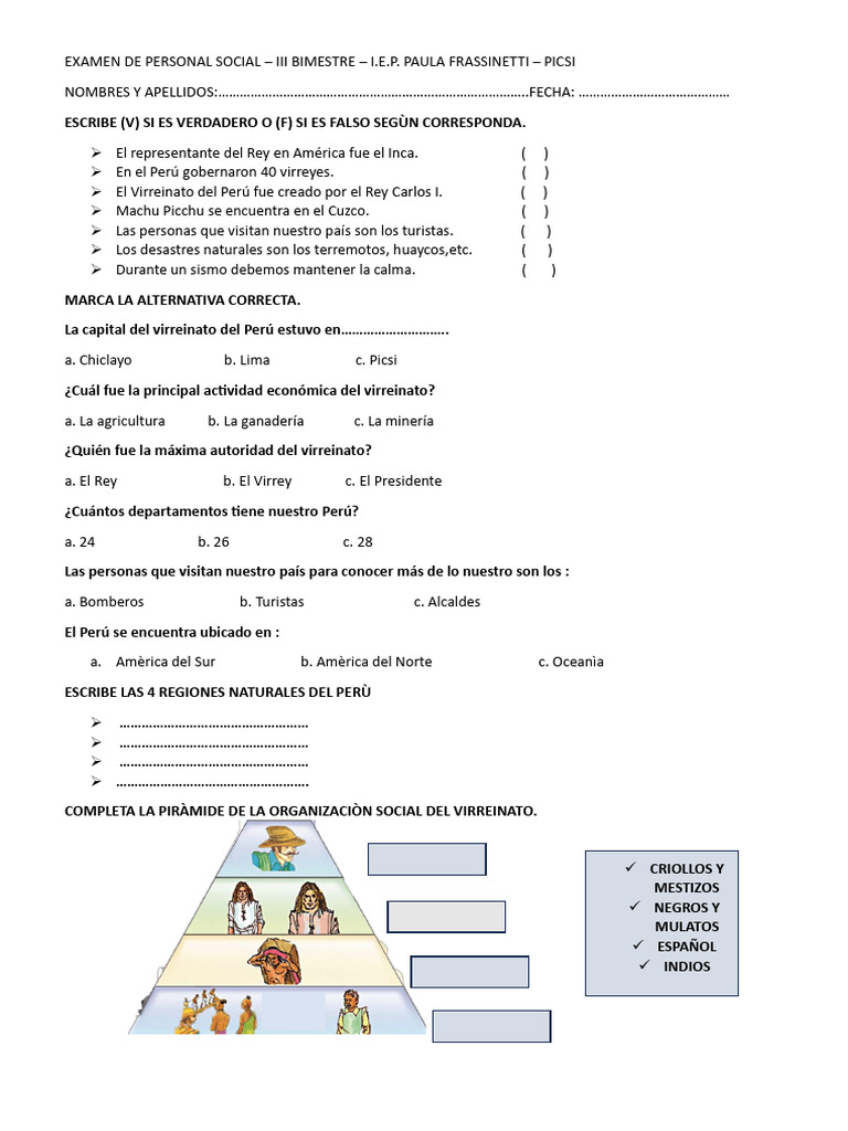 Examen de Personal Social 3° Bimestre | PDF | Perú | America latina