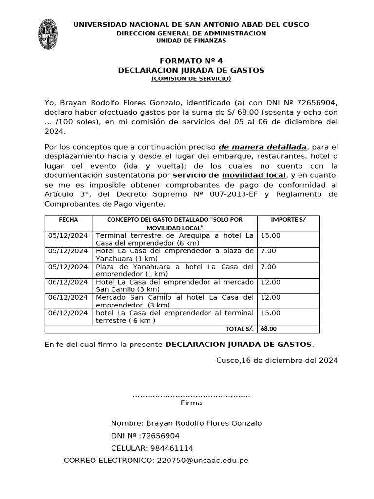 Declaración Jurada de Gastos 2024 | PDF