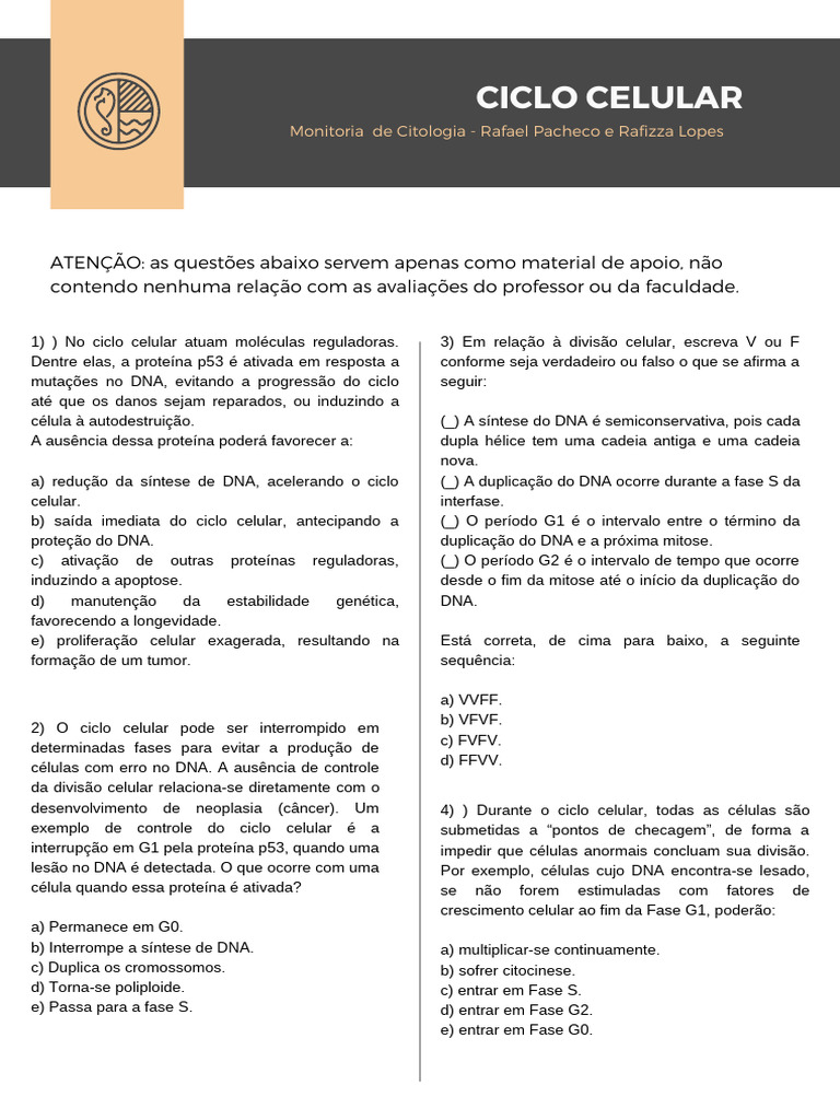 Questões Ciclo Celular | PDF | Célula (Biologia) | Ciclo de célula