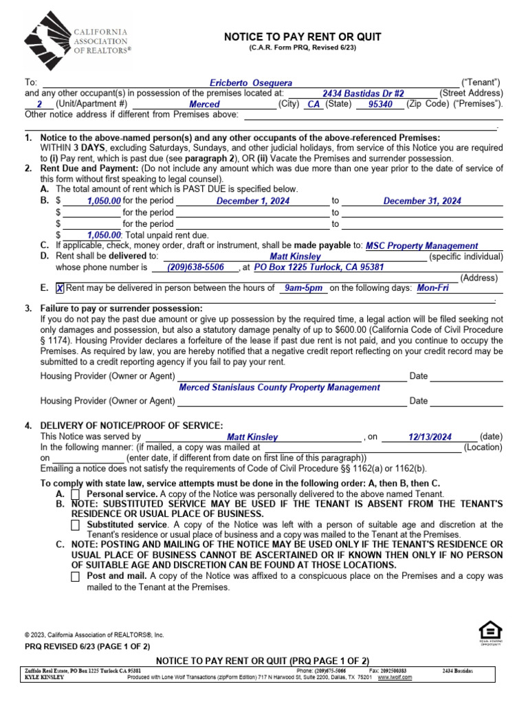 California Rent Payment Notice Form | PDF | Leasehold Estate | Service ...