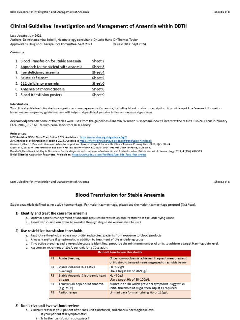 DBH Anaemia Management Guidelines | PDF | Anemia | Blood Transfusion