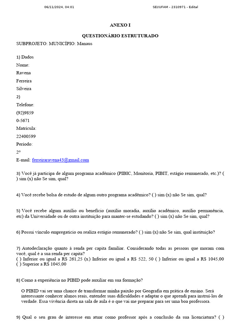 Anexo I - Questionario Estruturado Assinado | PDF