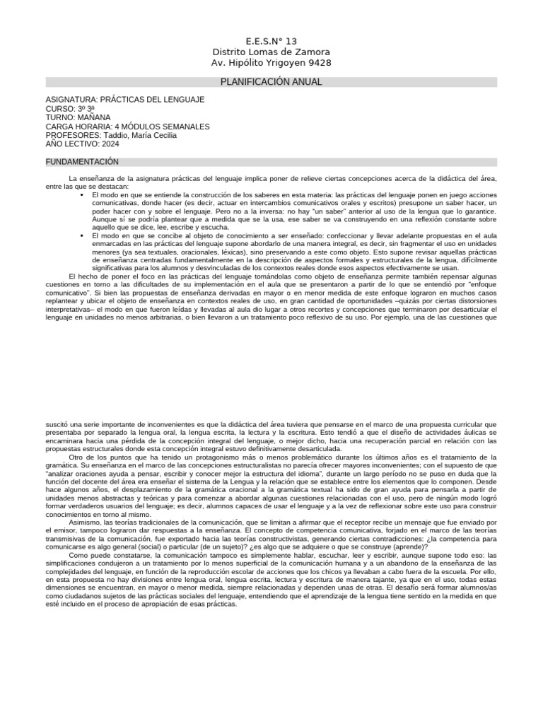 Planificación Anual 2024 3°3° TM SEC 13 PROF TADDIO | PDF ...