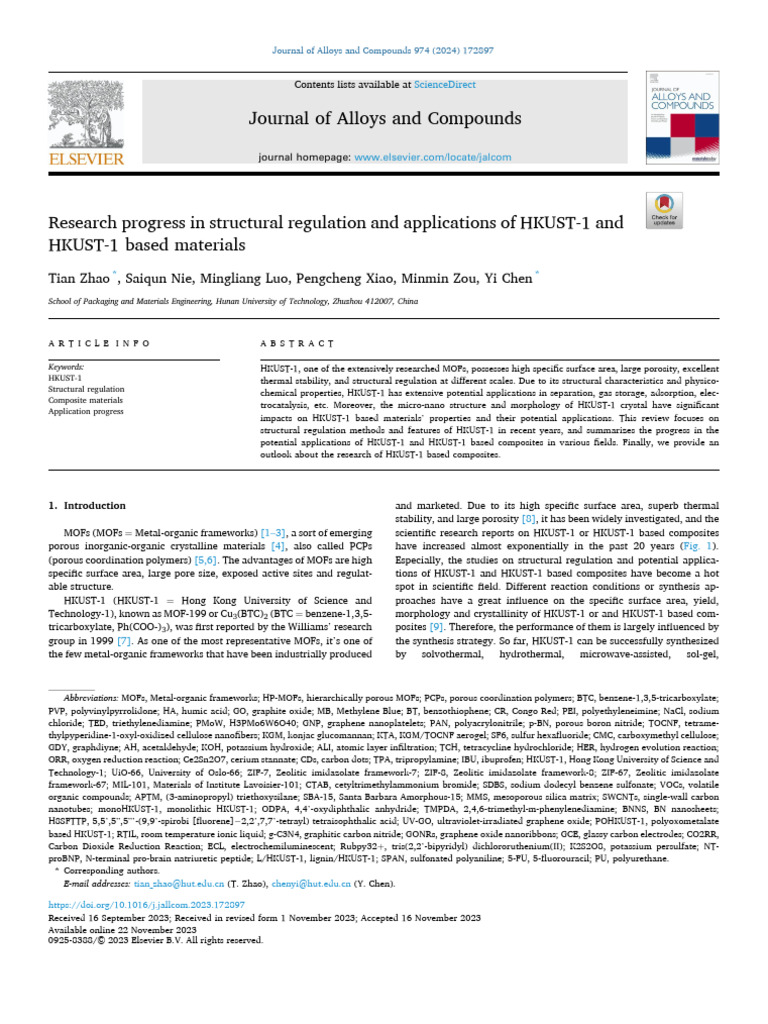 Research Progress in Structural Regulation and Applications of HKUST-1 ...