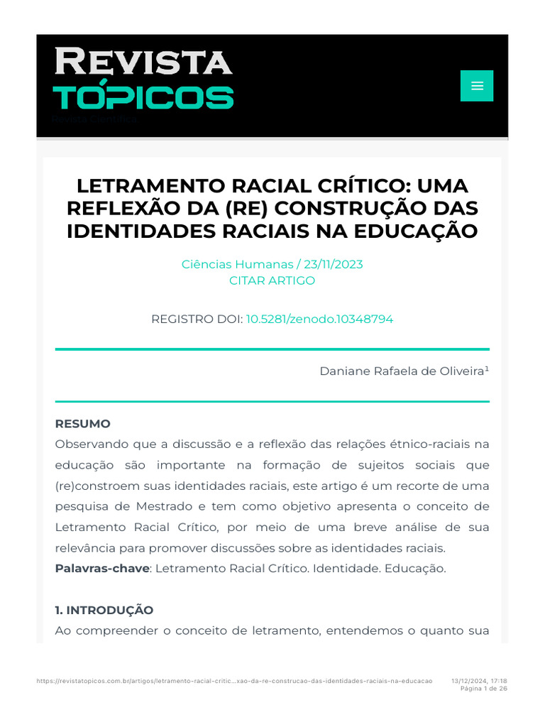 Letramento Racial Crítico na Educação | PDF | Raça (categorização ...
