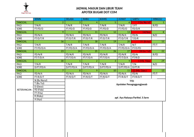 Jadwal Masuk Dan Libur Team | PDF