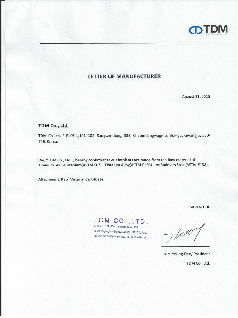 Letter of Raw Materials Enviado Firmado | PDF
