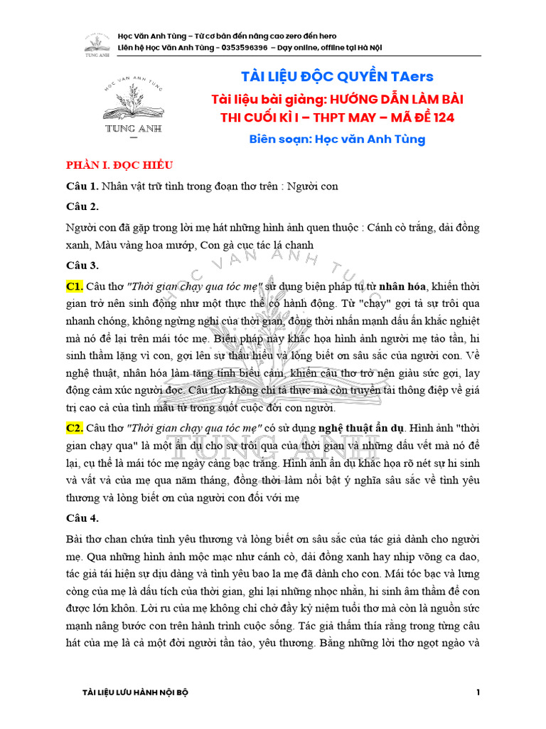 Hướng Dẫn Làm Bài Thi Cuối Kì i - Thpt May - Mã Đề 124 | PDF