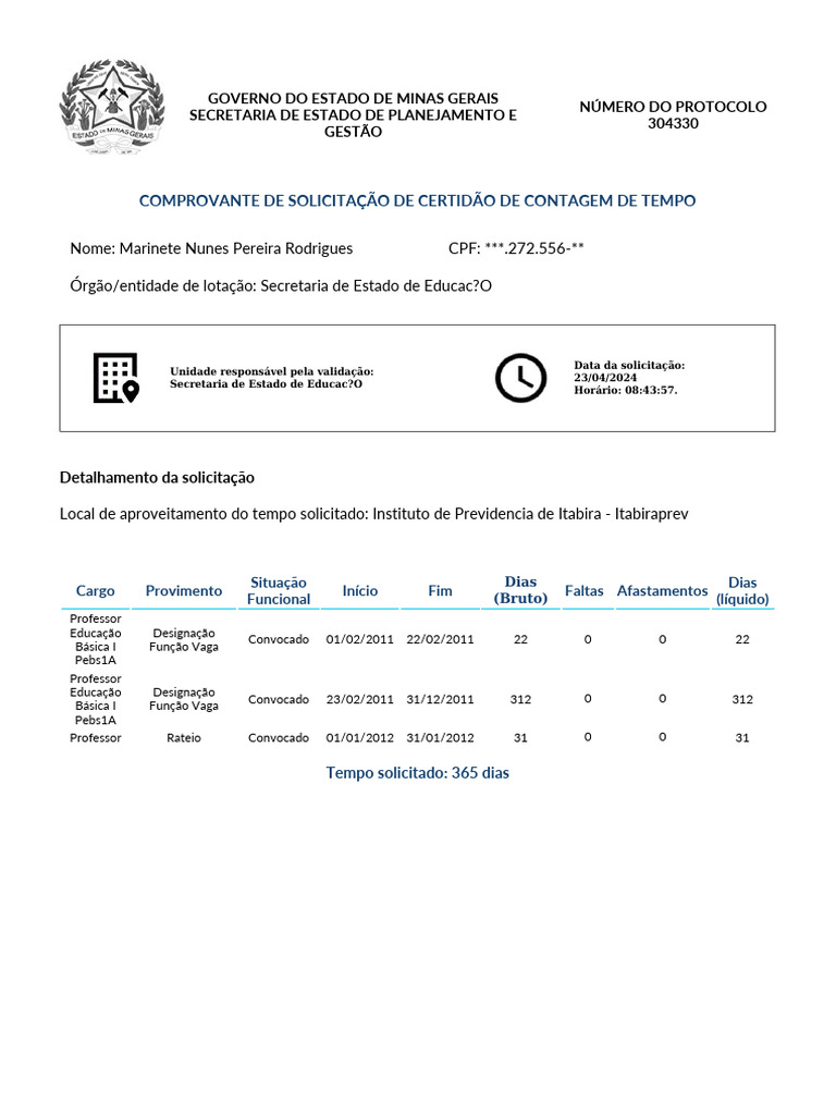 Certidao Contagem Tempo Emissao08052024 | PDF
