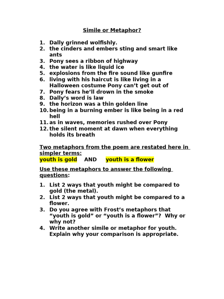OUTSIDERS Simile or Metaphor | PDF