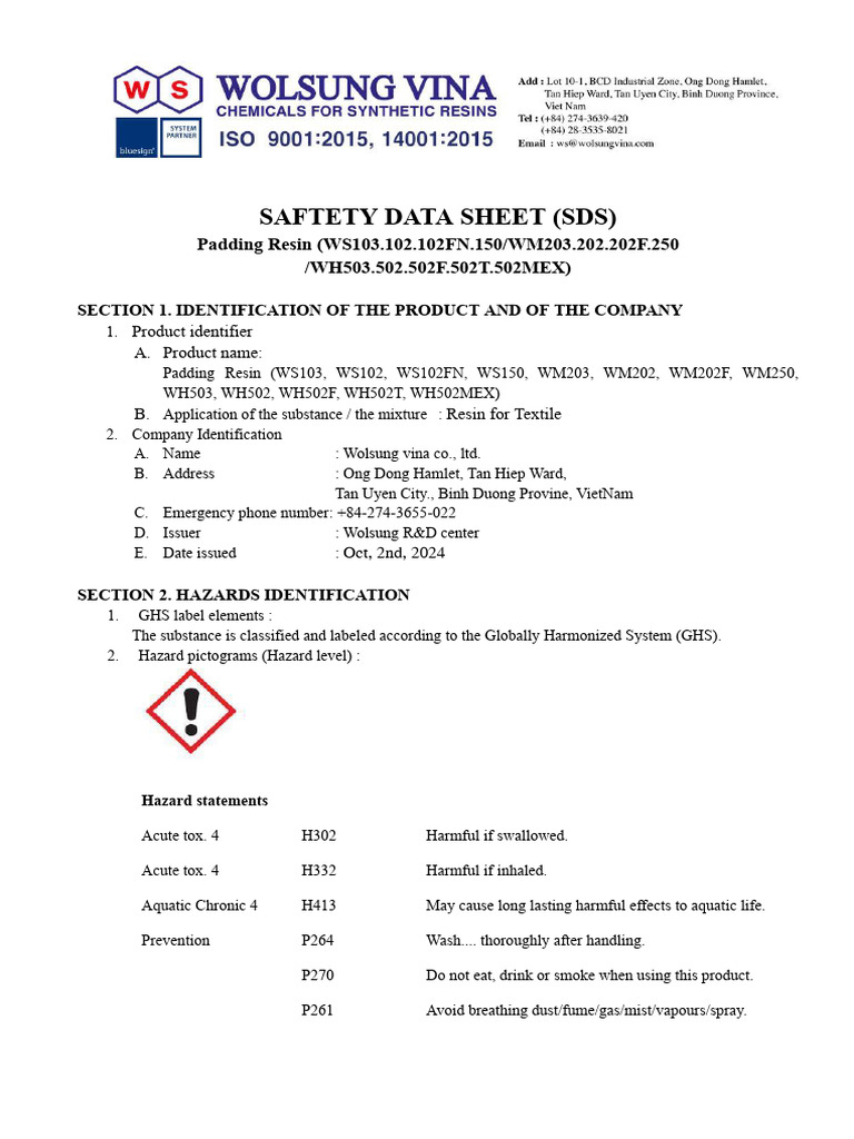 Safety Data Sheet for Padding Resin | PDF | Dangerous Goods | Toxicity