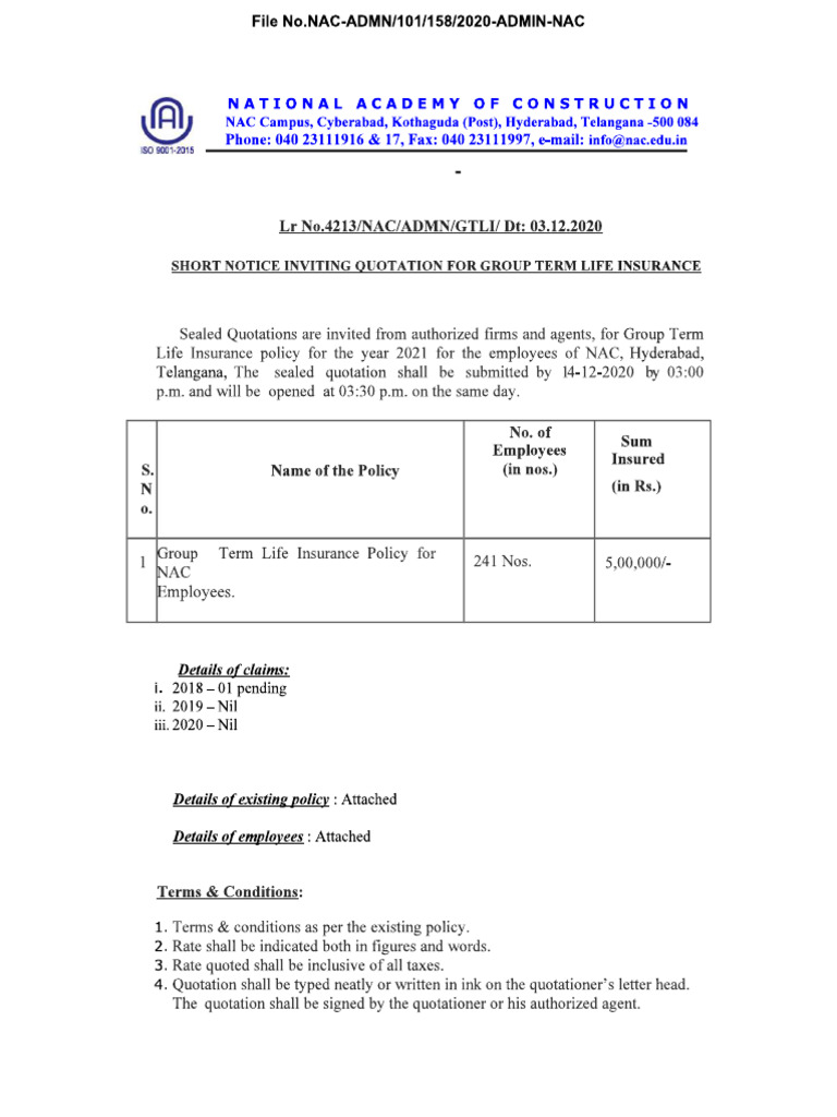 Inviting Quotation For Group Term Life Insurance | PDF
