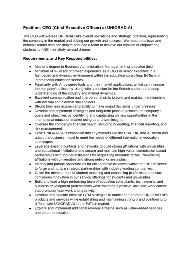 CEO Position at UNIGRAD.AI | PDF | Artificial Intelligence ...