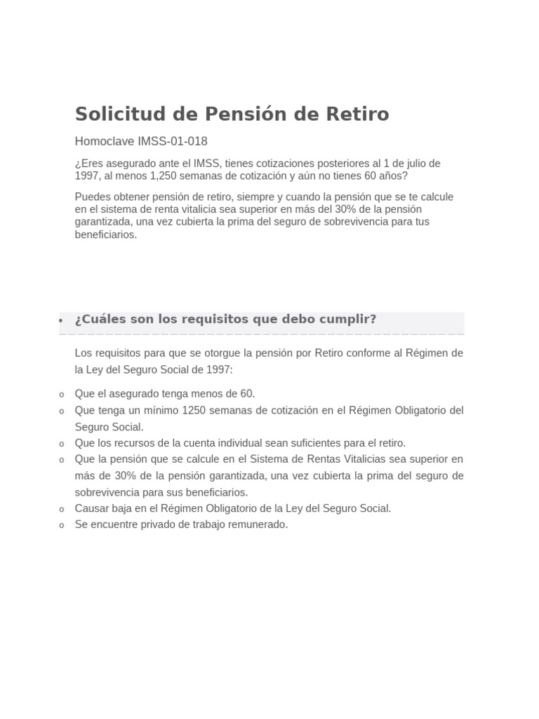 Requisitos para Pensión de Retiro IMSS | PDF