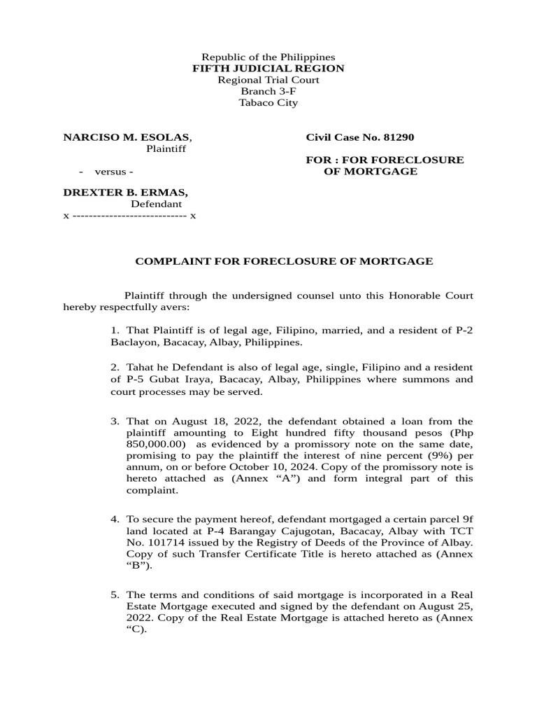 Complaint for Mortgage Foreclosure | PDF | Lawsuit | Foreclosure