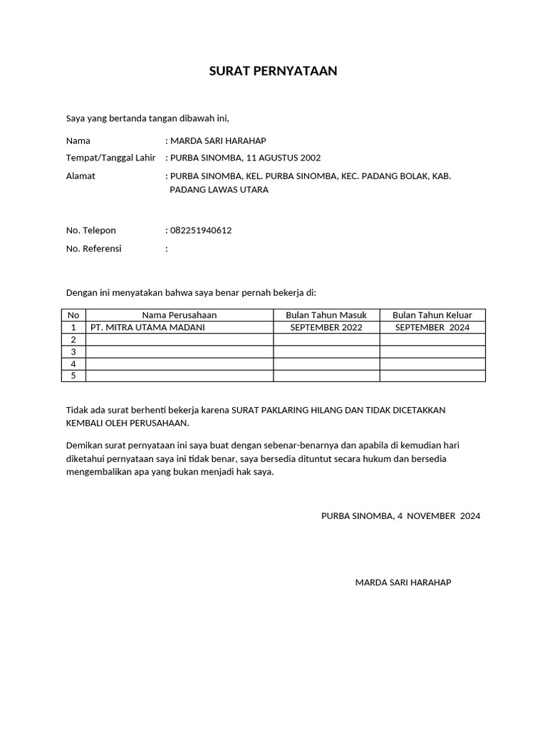 Surat Pernyataan Kerja Marda Sari Harahap | PDF