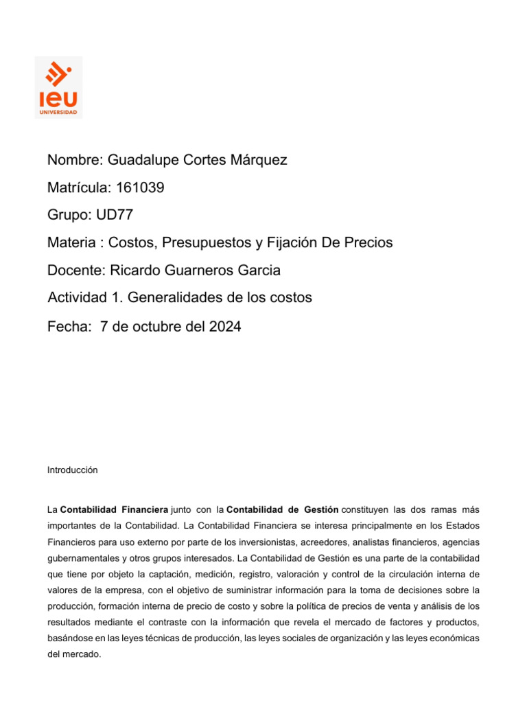 Generalidades de Costos y Presupuestos | PDF | Contabilidad ...