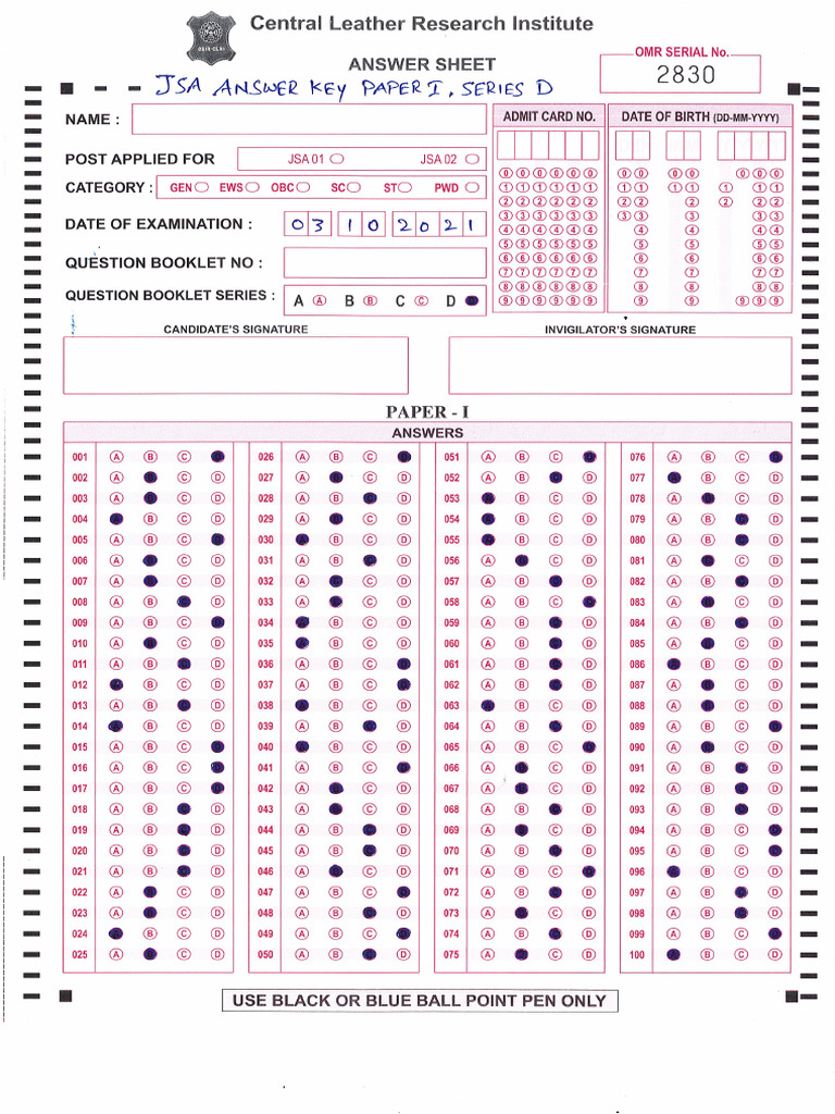 JSA Ans Key Paper I Series-D | PDF