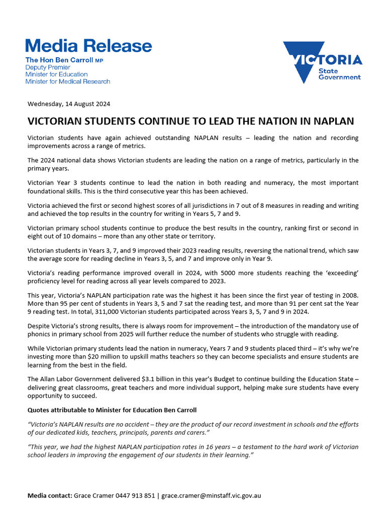 Victorian Students Continue To Lead The Nation in NAPLAN | PDF | Learning
