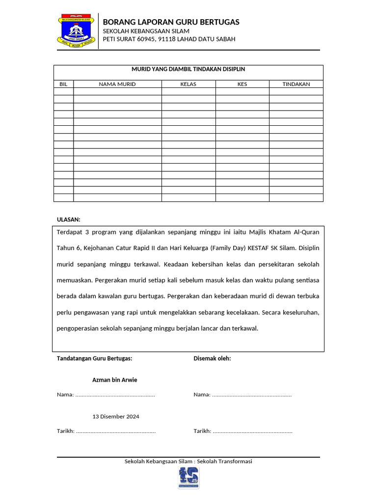 Borang Laporan Bertugas Mingguan 4 Pdf