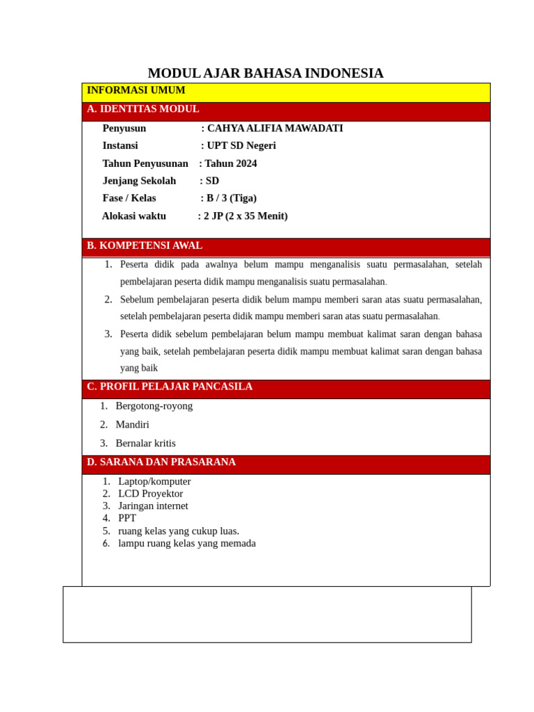 Modul Ajar Bahasa Indonesia SD Kelas 3 | PDF