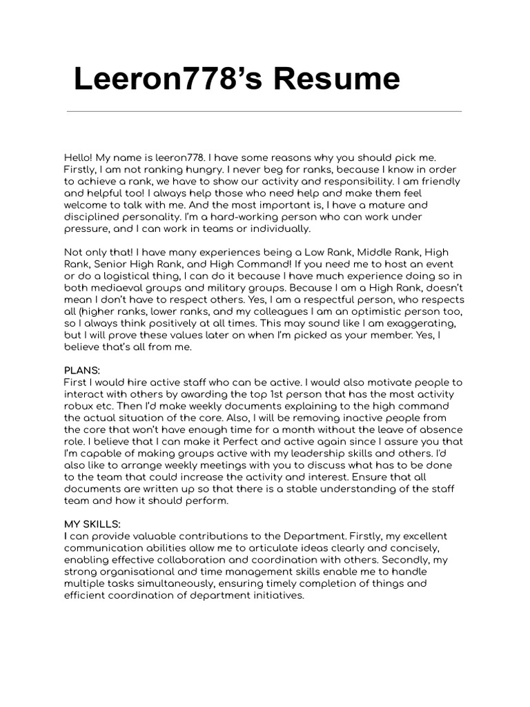 Leeron778's Resume: Plans | PDF | Military Forces | Defense Policy
