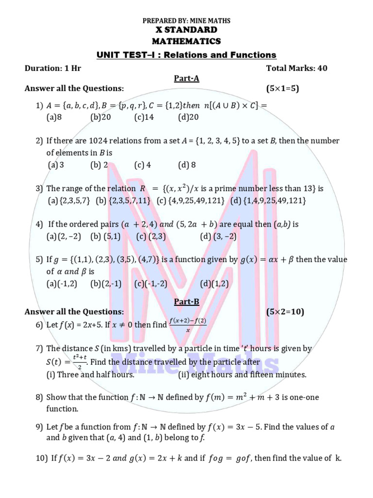Relations and Functions Unit Test | PDF | Function (Mathematics ...