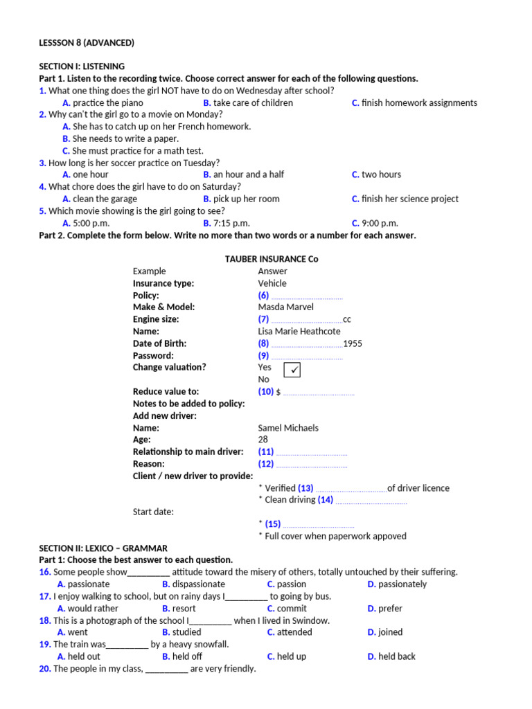 Advanced Listening and Grammar Exercises | PDF | Sleep | Rapid Eye ...
