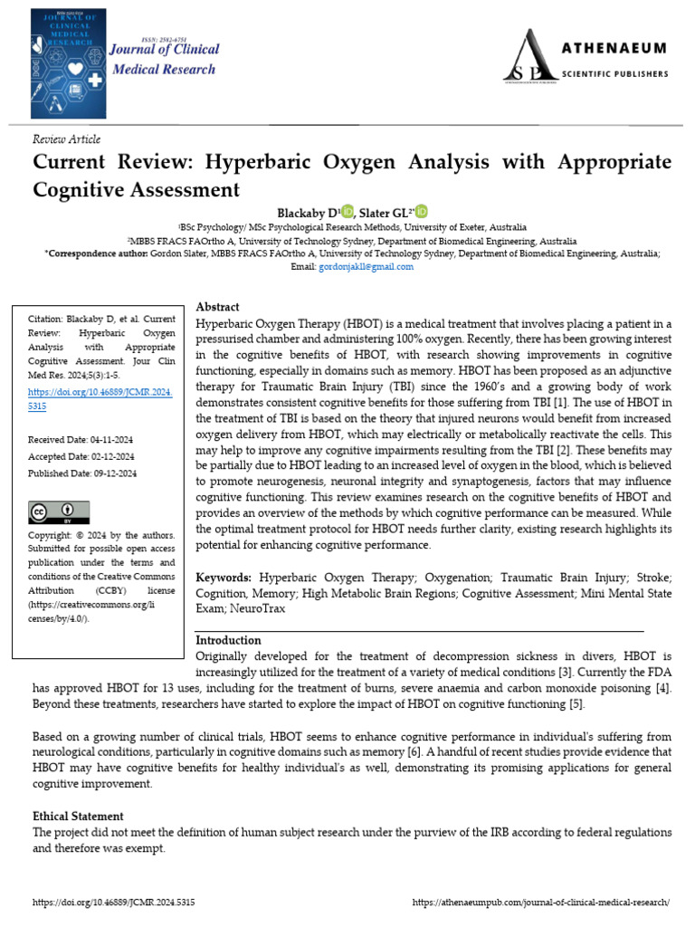 Cognitive Benefits of Hyperbaric Oxygen Therapy | PDF | Traumatic Brain ...