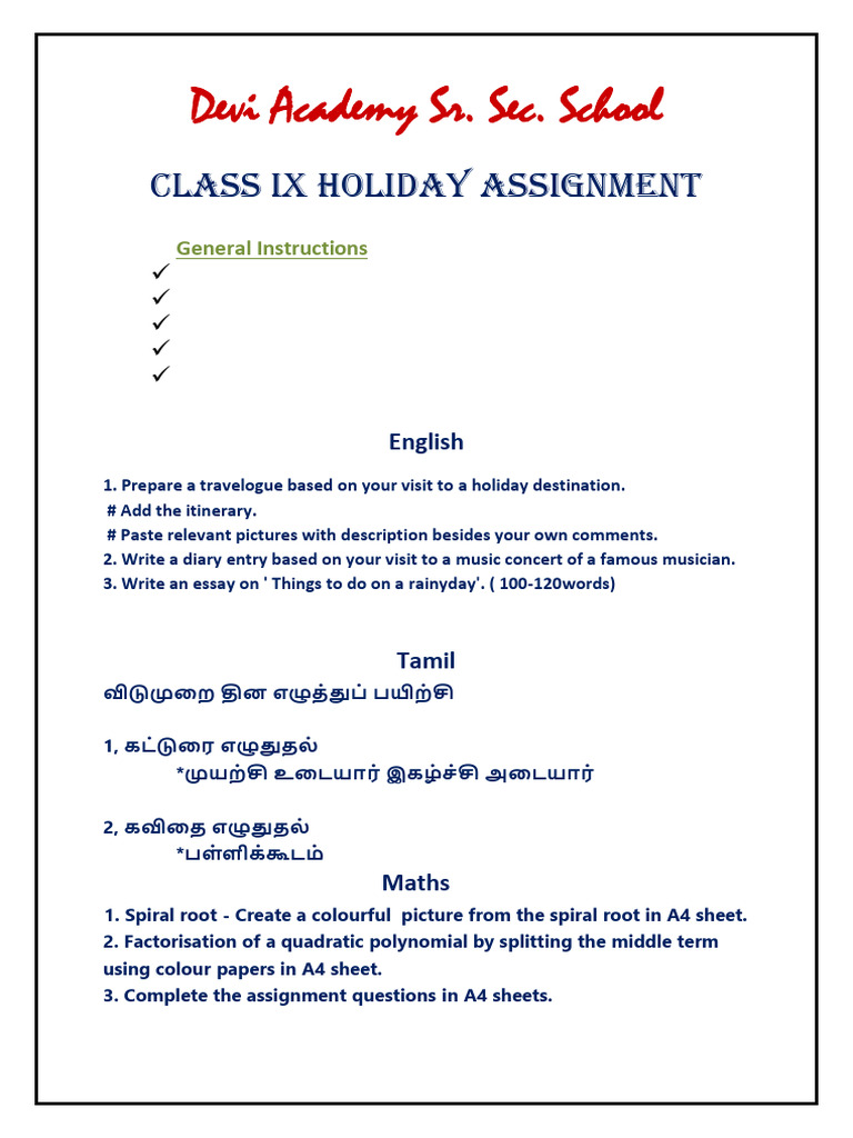 Grade 9 Holiday Assignment Guide | PDF