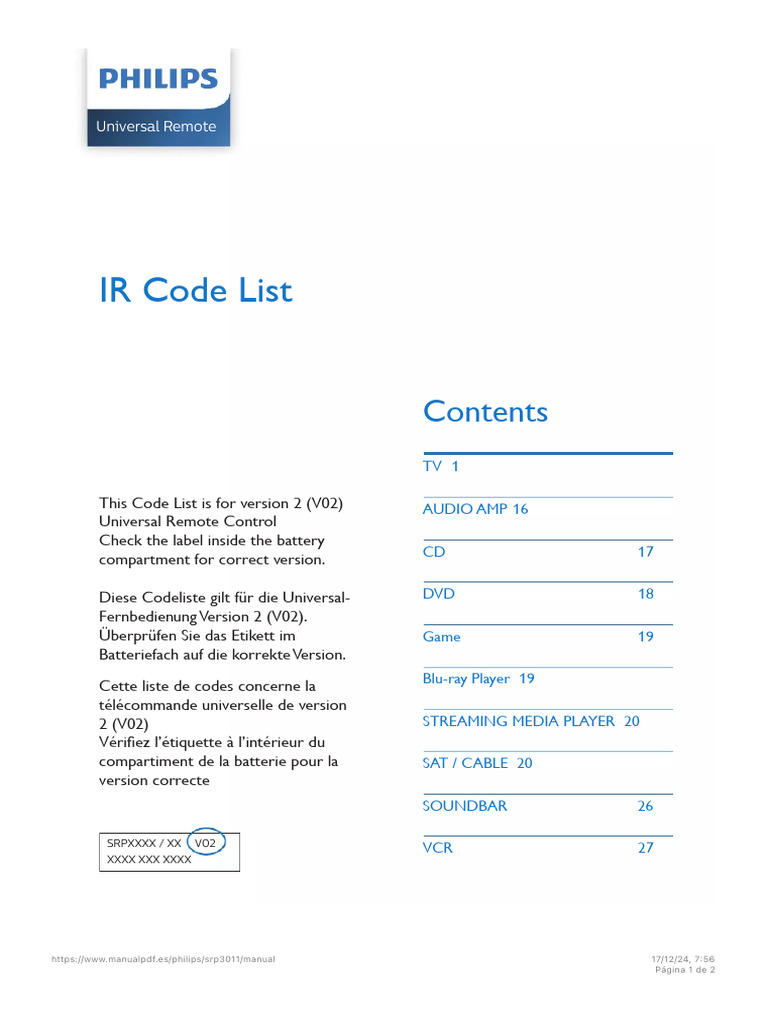 Code Pour Tlcommande Universelle Philips