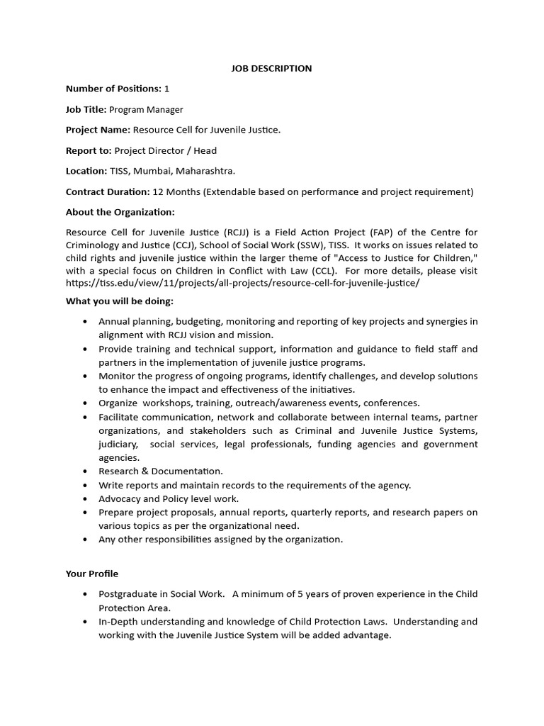 JD Program Manager RCJJ | PDF | Recruitment