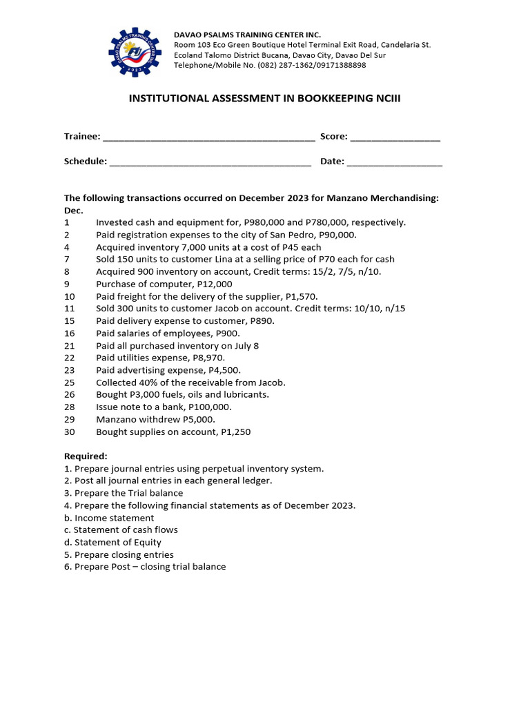Bookkeeping NCIII Institutional Assessment | PDF | Debits And Credits ...