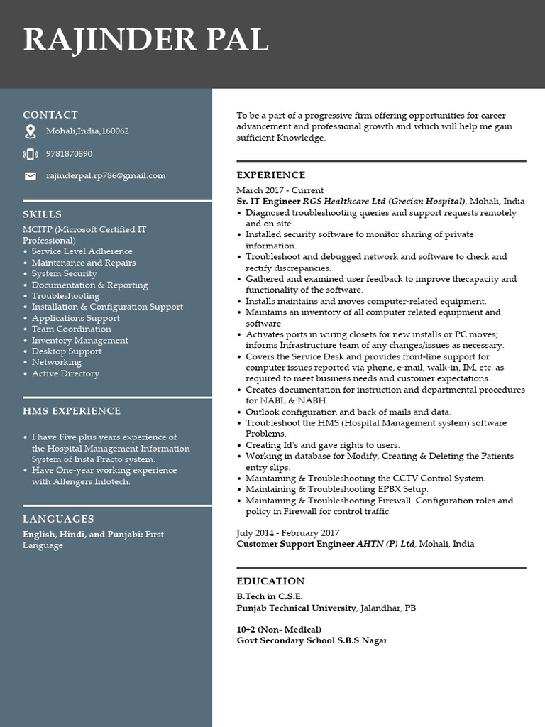 IT Engineer Resume with HMS Experience | PDF | Software | Computer Science