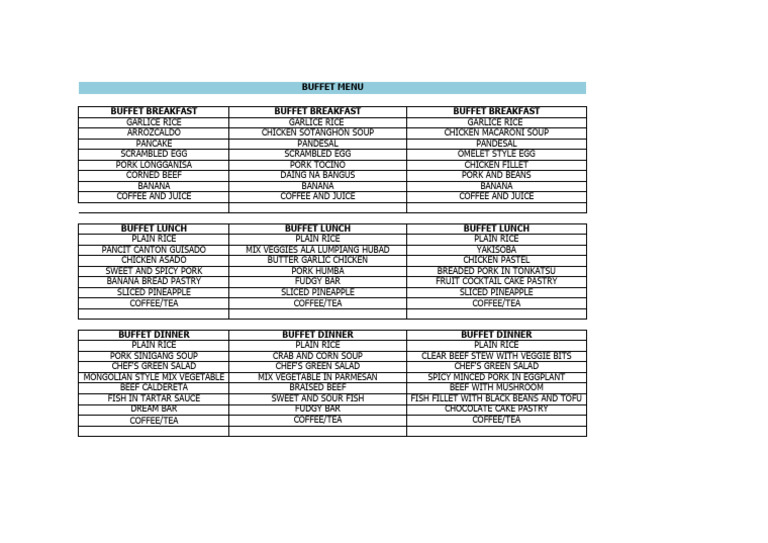Buffet Menu for Breakfast, Lunch, Dinner | PDF
