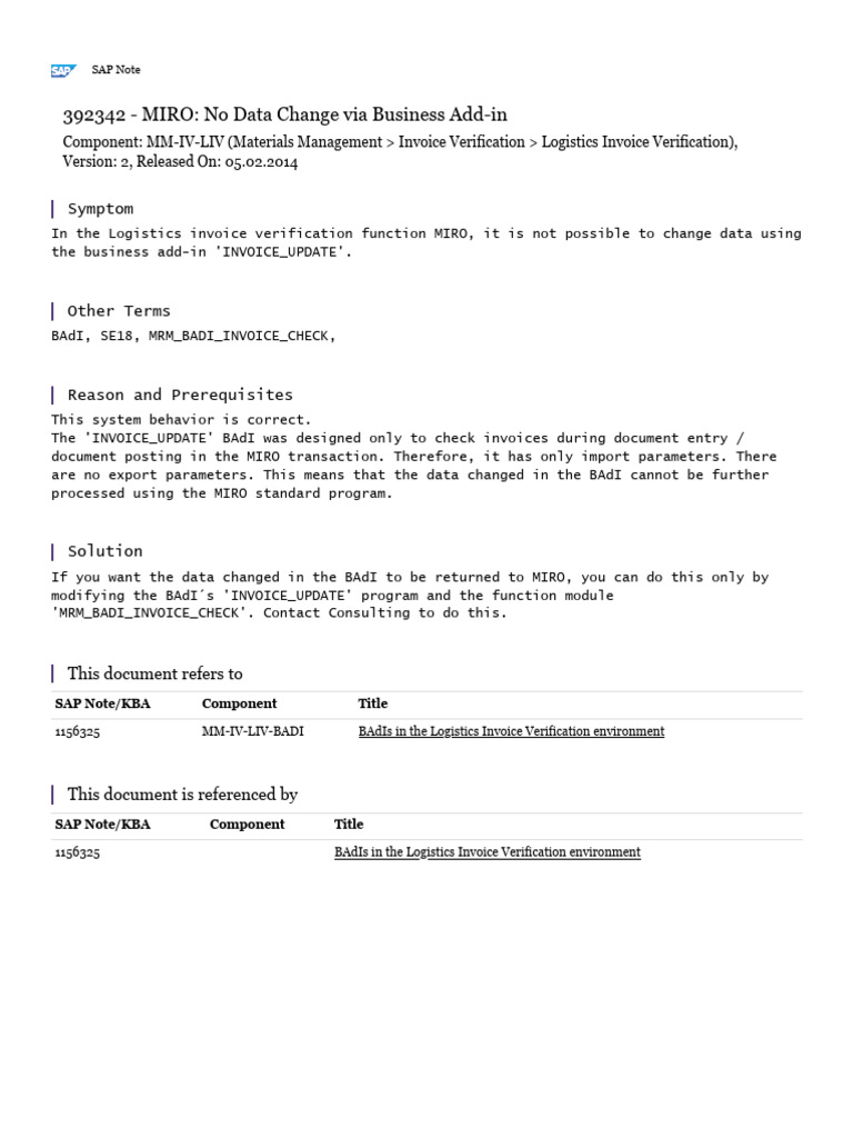 MIRO BAdI: No Data Change Allowed | PDF