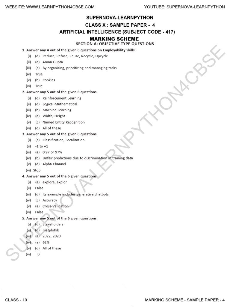 Class 10 Ai Sample Paper - 4 - MS | PDF | Machine Learning | Artificial ...